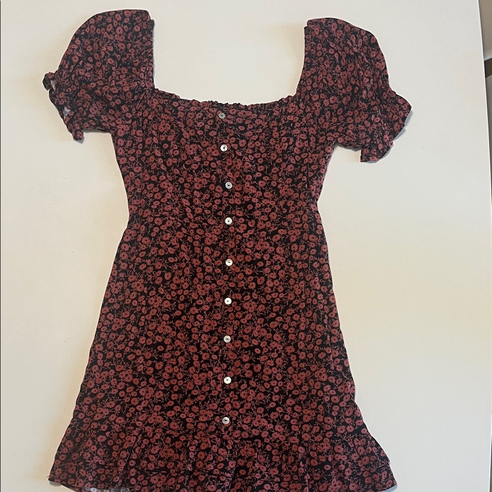 Black Floral Button-Front Puff Sleeve Mini Dress